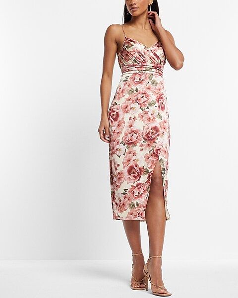 Floral Satin V-Neck Wrap Midi Dress | Express