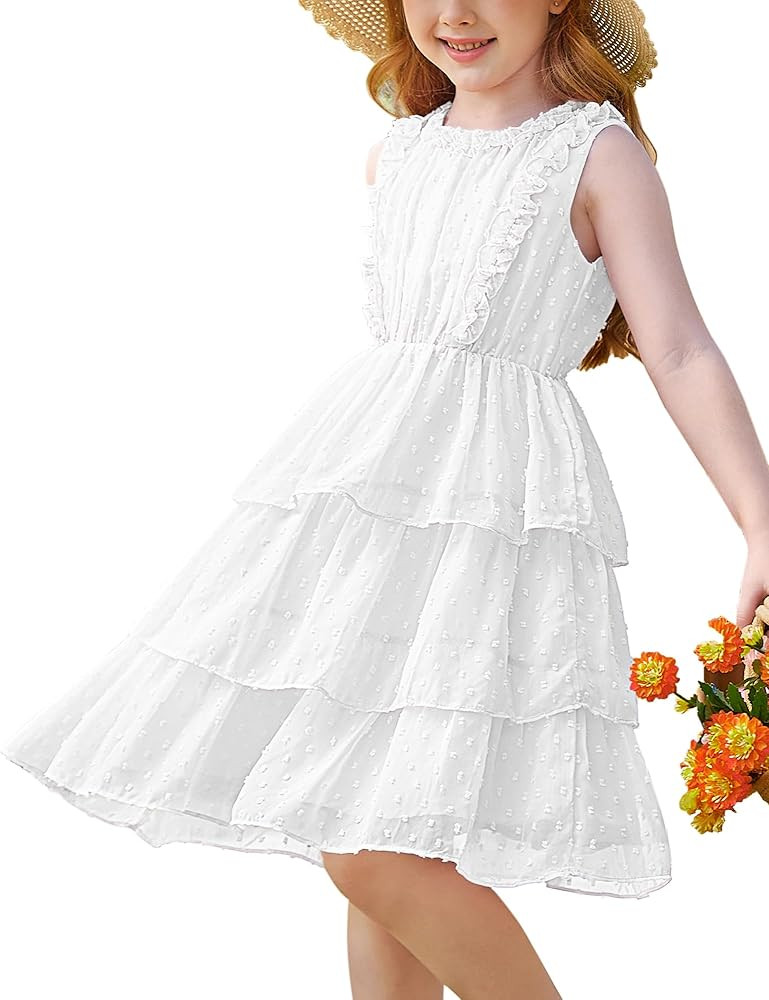 GRACE KARIN Girls Summer Sleeveless Ruffle Dress Swiss Dot Spring Sundress Flowing Tiered Layers ... | Amazon (US)