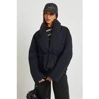 boohoo Women's Tie Detail Short Puffer Coat in Black | Size: 10 | Plastic | boohoo (US & Canada)