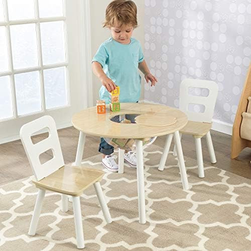 KidKraft Wooden Round Table & 2 Chair Set with Center Mesh Storage - Natural & White, Gift for Ages  | Amazon (US)