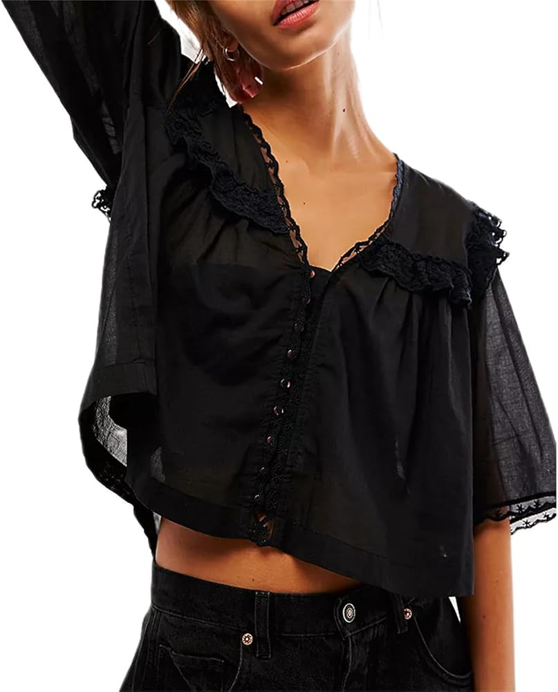 Hassembly Women Summer Cute Chiffon Shirt Low Cut V-Neck Short Sleeve Ruffle Trim Blouse Y2K Goin... | Amazon (US)