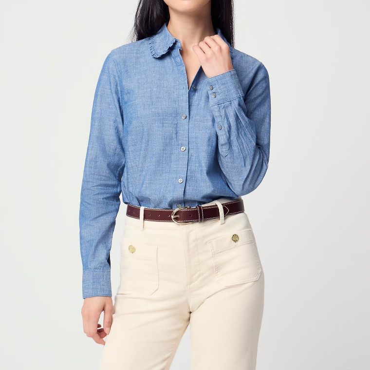 Ruffle collar chambray button up shirt

#LTKSeasonal #LTKSaleAlert