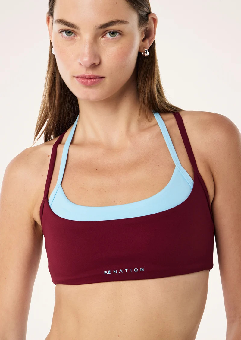 LUMINA SPORTS BRA IN BURGUNDY & SKY BLUE | P.E Nation AU