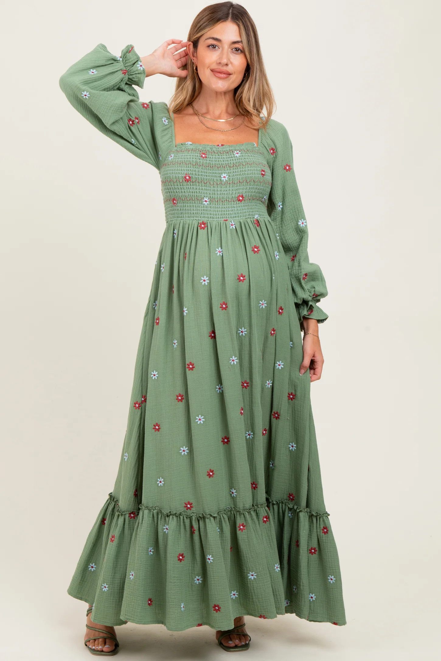 Olive Long Sleeve Floral Accent Maternity Dress | PinkBlush Maternity