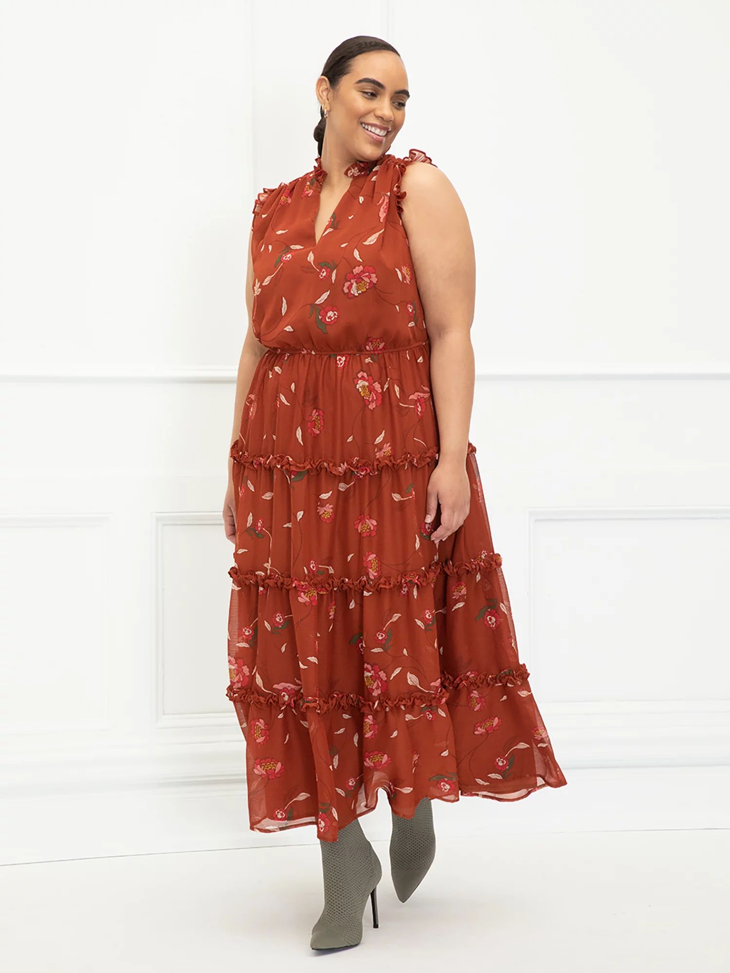 ELOQUII Elements Women's Plus Size Sleeveless Bohemian Print Ruffle Trim Dress - Walmart.com | Walmart (US)