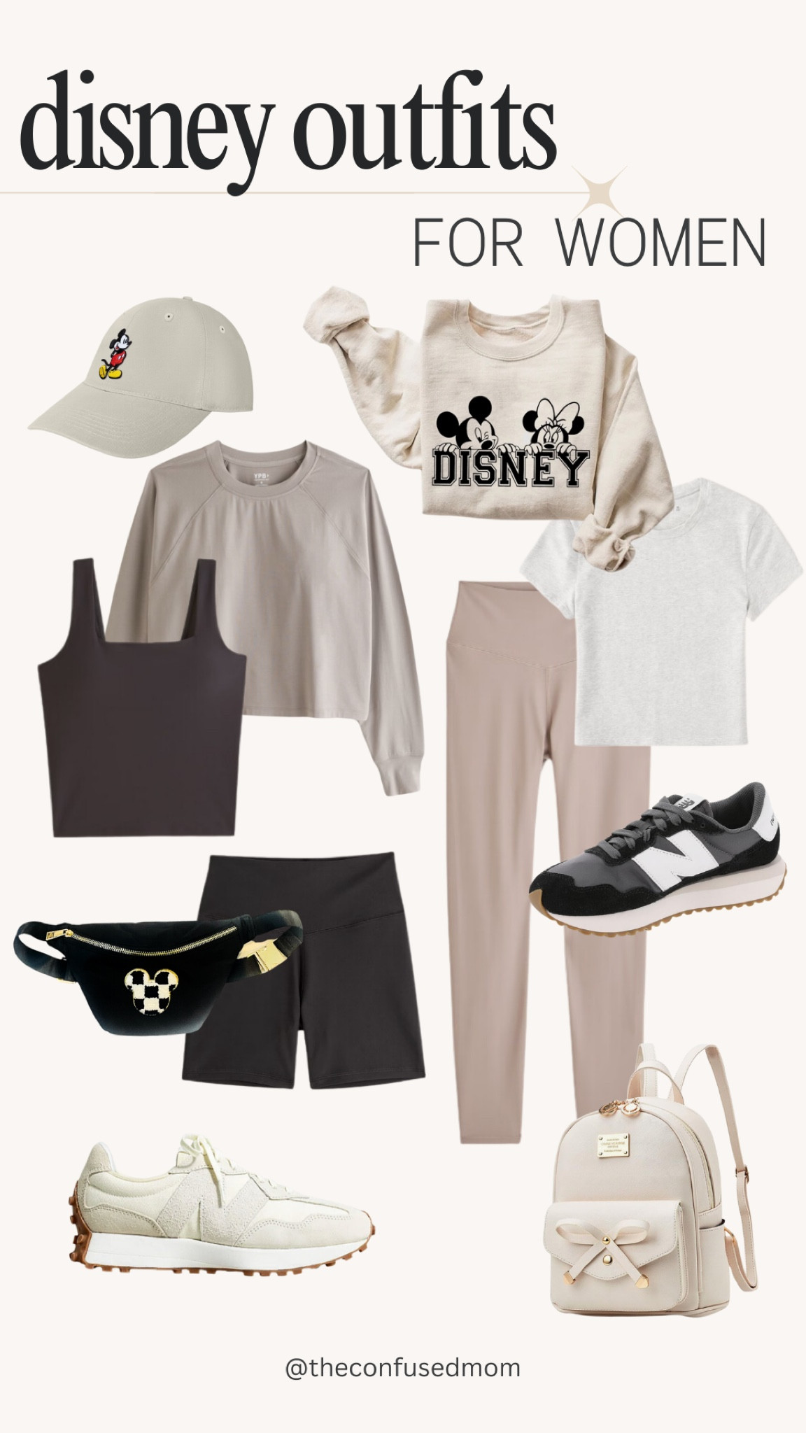 Disney park wear for women, women casual outfits for Disney world, Disney land, neutral outfits, Mickey hat, Mickey sweatshirt, new balance tennis shoes, sneakers, Mickey belt bag, biker shorts, tank top, back pack 

#LTKfindsunder100 #LTKtravel #LTKstyletip