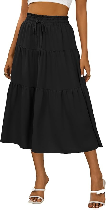 Anbech Women's Casual Midi Skirt Elastic High Waisted Summer Beach Skirts Trendy Pleated A-Line D... | Amazon (US)