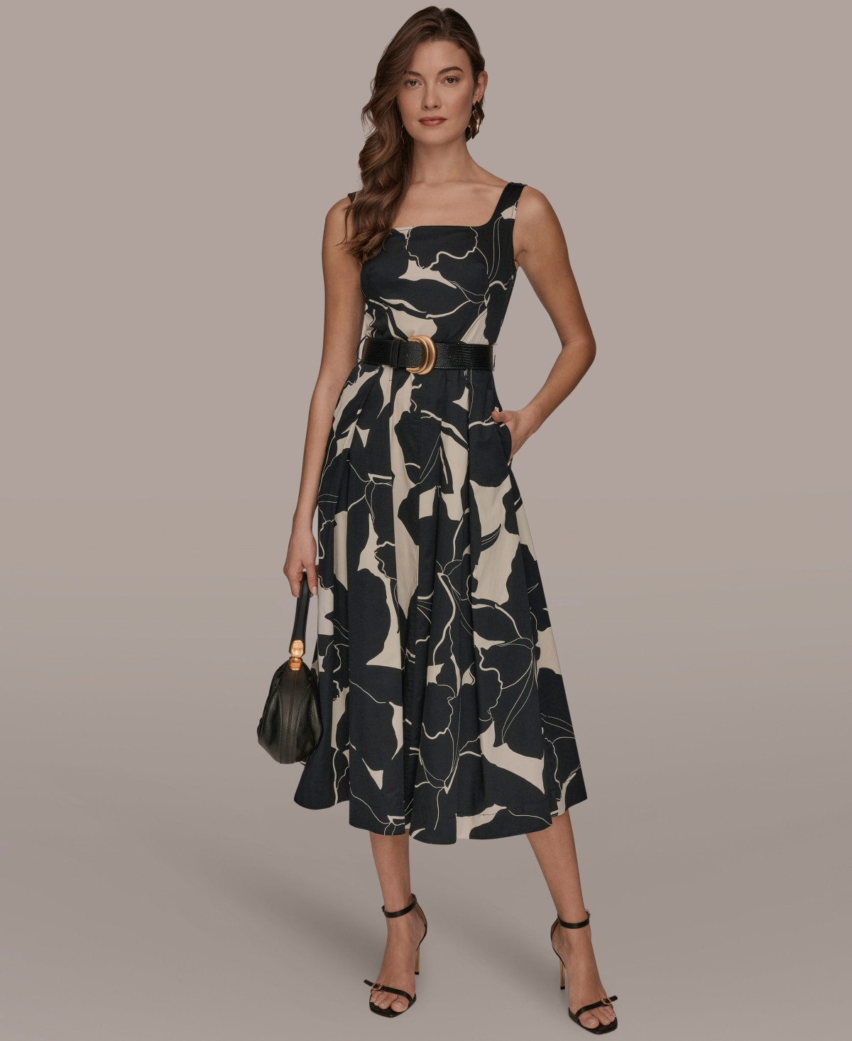 Donna Karan New York Women's Sleeveless Square Neck Floral A-Line Midi Dress - Black/Parchment | Macy's