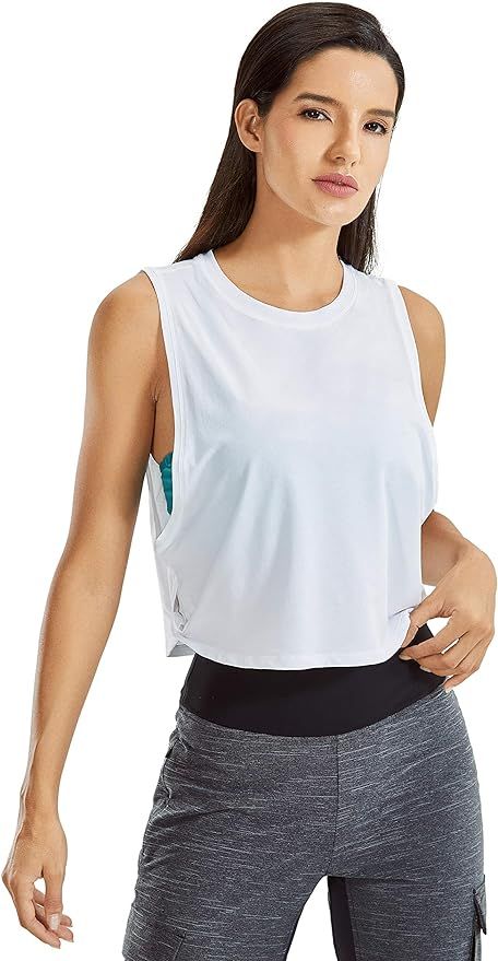 CRZ YOGA Women's Pima Cotton Workout Tank Crop Sports Shirt Sleeveless Yoga Running Tops | Amazon (US)