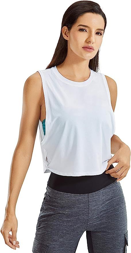 CRZ YOGA Women's Pima Cotton Workout Tank Crop Sports Shirt Sleeveless Yoga Running Tops | Amazon (US)