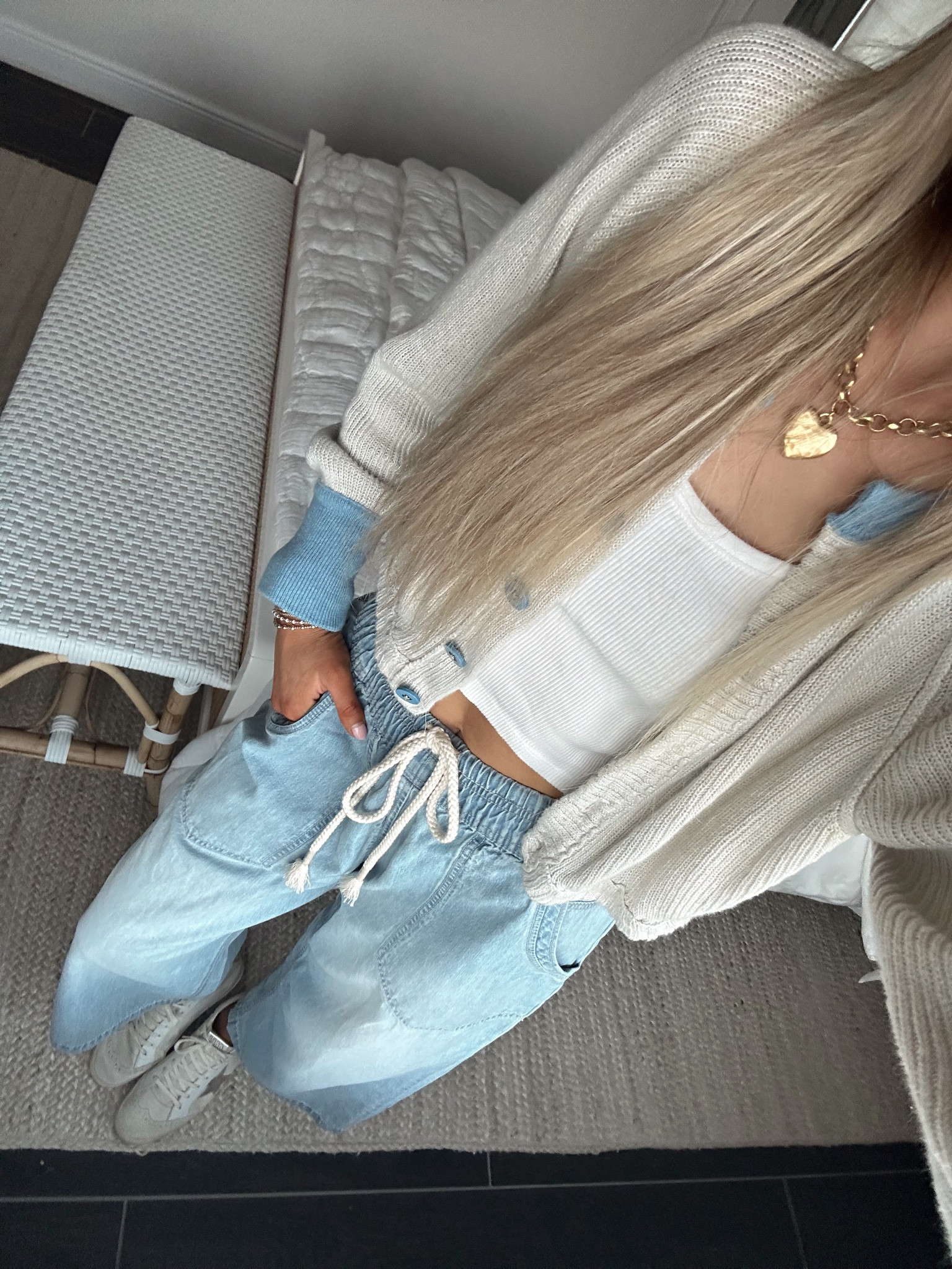 Travel outfit! I love these chambray pants from free people. So comfortable and love these draw string waistband- it is so flattering 🤍 wearing a size XS! 

Also my shoes are golden goose suede mid stars (no longer available)- linking the low top version.

#LTKStyleTip #LTKTravel