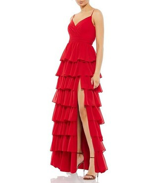 Tiered Ruffle V-Neck Sleeveless V-Back Thigh High Slit A-Line Gown | Dillard's