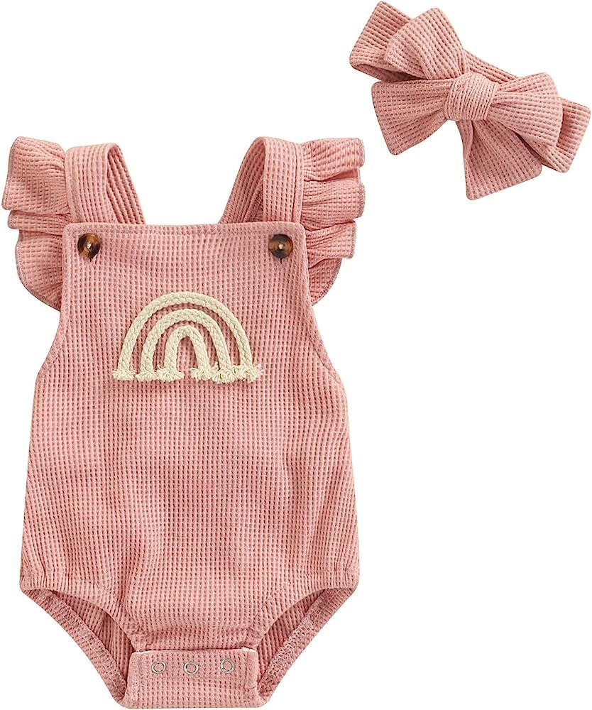 Hnyenmcko Newborn Baby Boy Girls Clothes Infant Rainbow Romper Waffle Ruffled Sleeveless Backless... | Amazon (US)