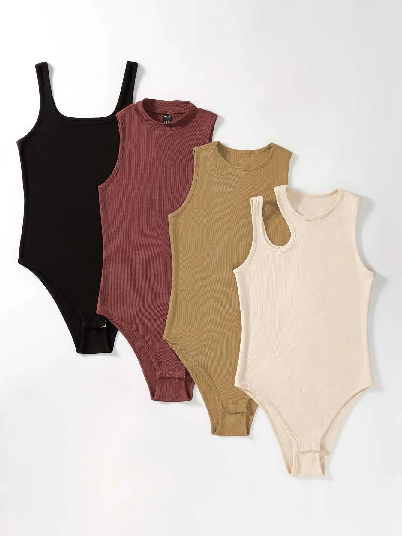 4pcs Solid Ribbed Knit Bodysuit | SHEIN