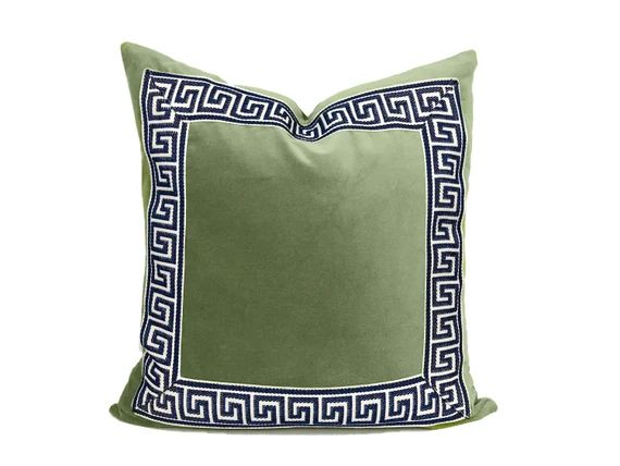 Sage Green Velvet Pillow Cover with Greek Key - shown with navy trim | Etsy (US)
