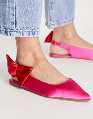 ASOS DESIGN Louise bow slingback ballet flats in pink/red satin | ASOS (Global)