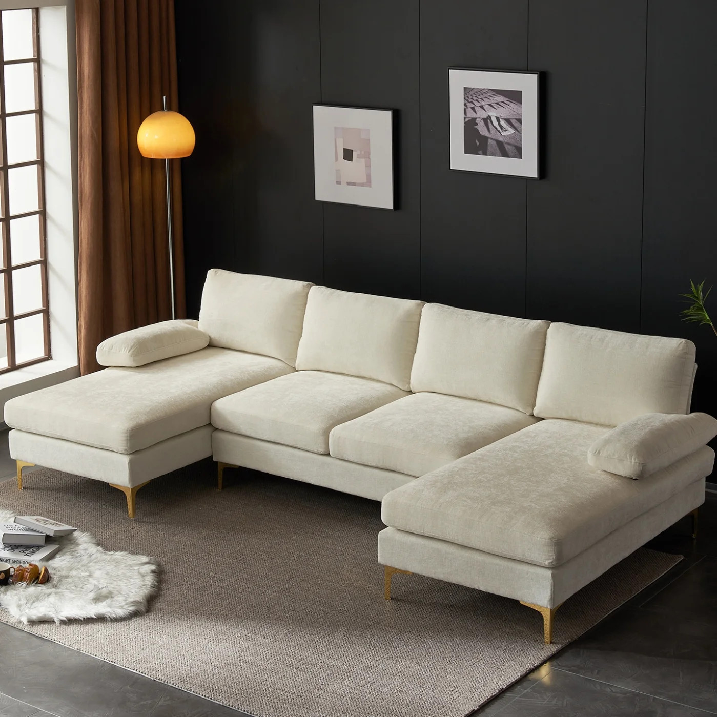 Ktaxon Sectional Sofa Set, 110" U-Shaped Chenille Couch, 4 Seat Lounge Sleeper with Double Chaise... | Walmart (US)