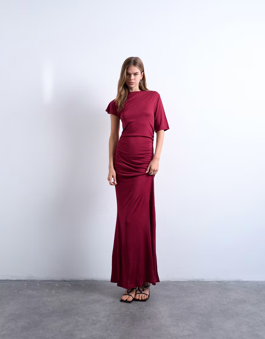 Topshop short sleeve asymmetric slinky maxi dress in red | Topshop