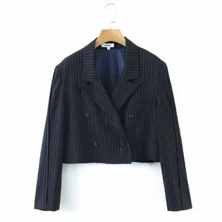 Set: Striped Double-Breasted Cropped Blazer + Mini Pleated Skirt | YesStyle Global