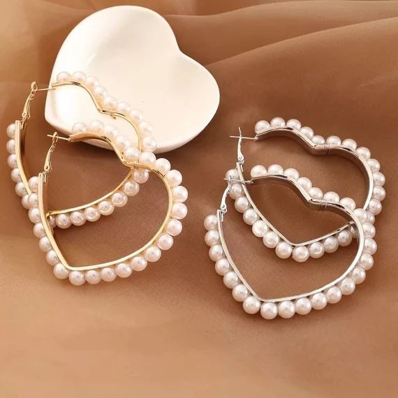 Big Heart Pearl Hoop Earrings Hoop Earrings Valentines Day | Etsy UK | Etsy (UK)