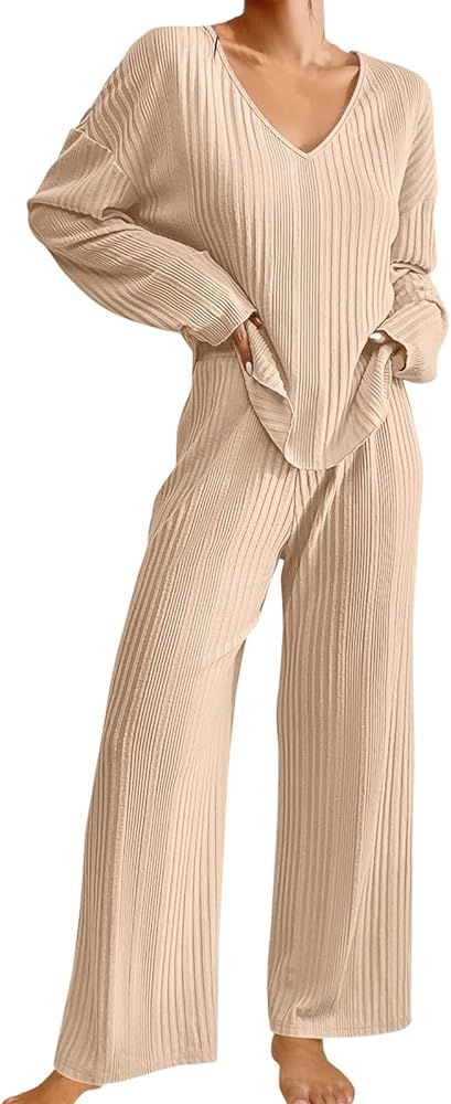 HICItro Women Knitted Sweatshirt Outfits High Neck Pullover Sweater High Waisted Wide Leg Pant Se... | Amazon (US)