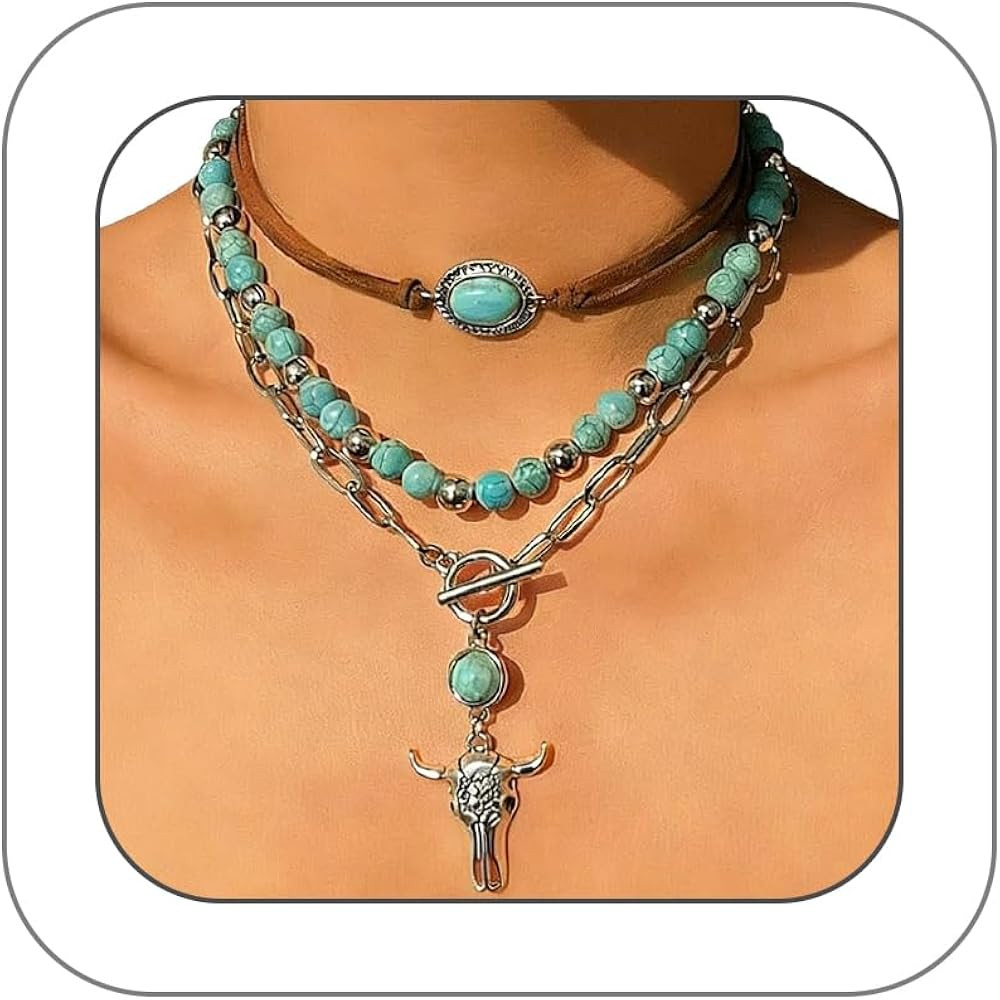 GIGB PBDK Boho Western Necklaces for Women,Turquoise Beaded Layered Necklaces Vintage Cow Cactus ... | Amazon (US)