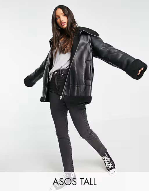 ASOS DESIGN Tall sherpa aviator in black | ASOS (Global)