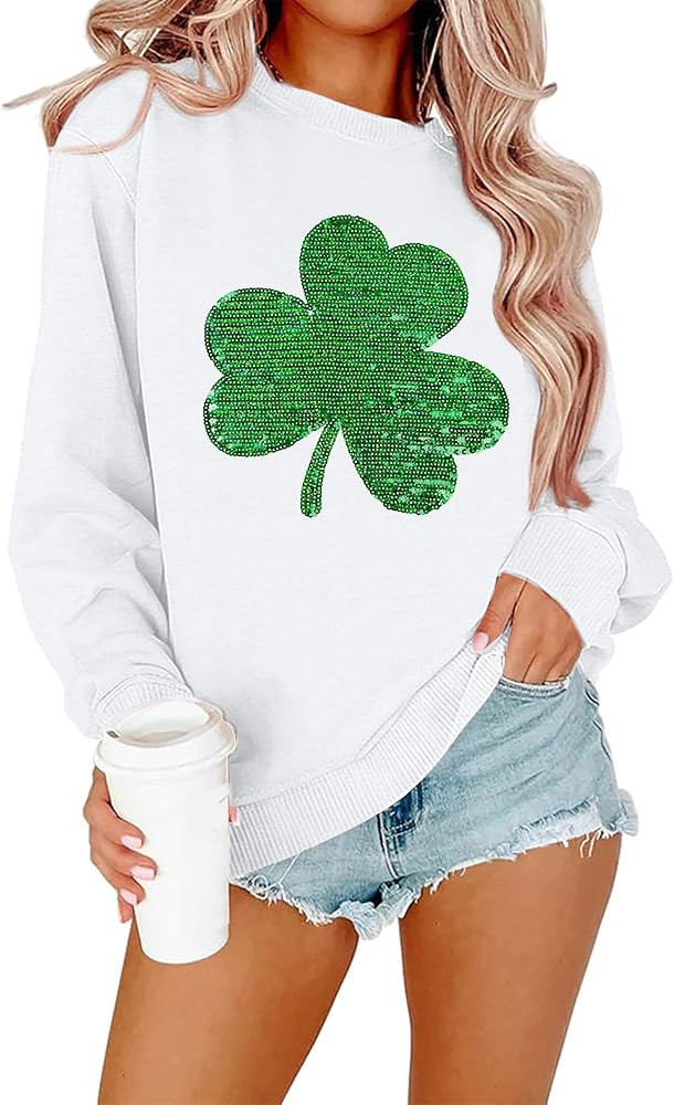 FAYALEQ St Patrick's Day Sweatshirt Women Shamrock Sequin Pullover Clover Hoodie Holiday Long Sle... | Amazon (US)