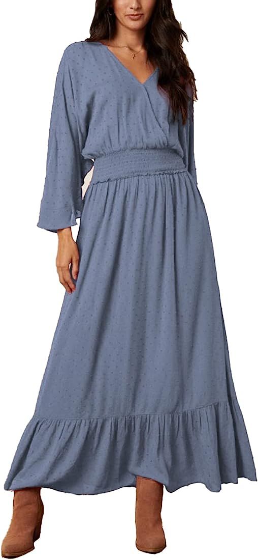 Potany Fall Casual Maxi Dress Long Sleeve V Neck Ruffle Swiss Dot Smocked A Line Flowy Long Winte... | Amazon (US)