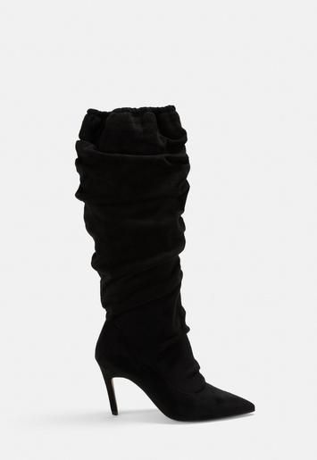 Missguided - Black Faux Suede Ruched Pointed Toe Mid Heel Boots | Missguided (UK & IE)