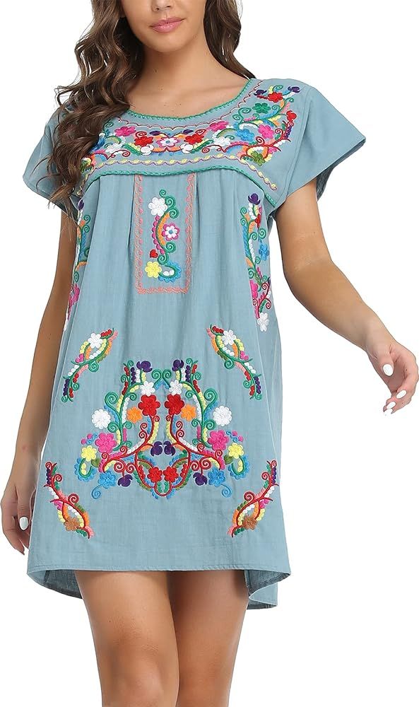 YZXDORWJ Women Mexican Embroidered Dress Short Sleeve | Amazon (US)