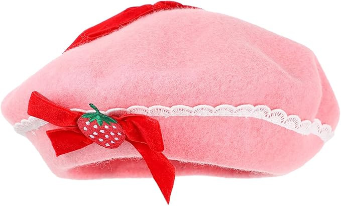 KESYOO Berets Strawberry Bow Woolen Beret Hat Wool Cap Gift Pink Handmade Fashion Warm Hat | Amazon (US)