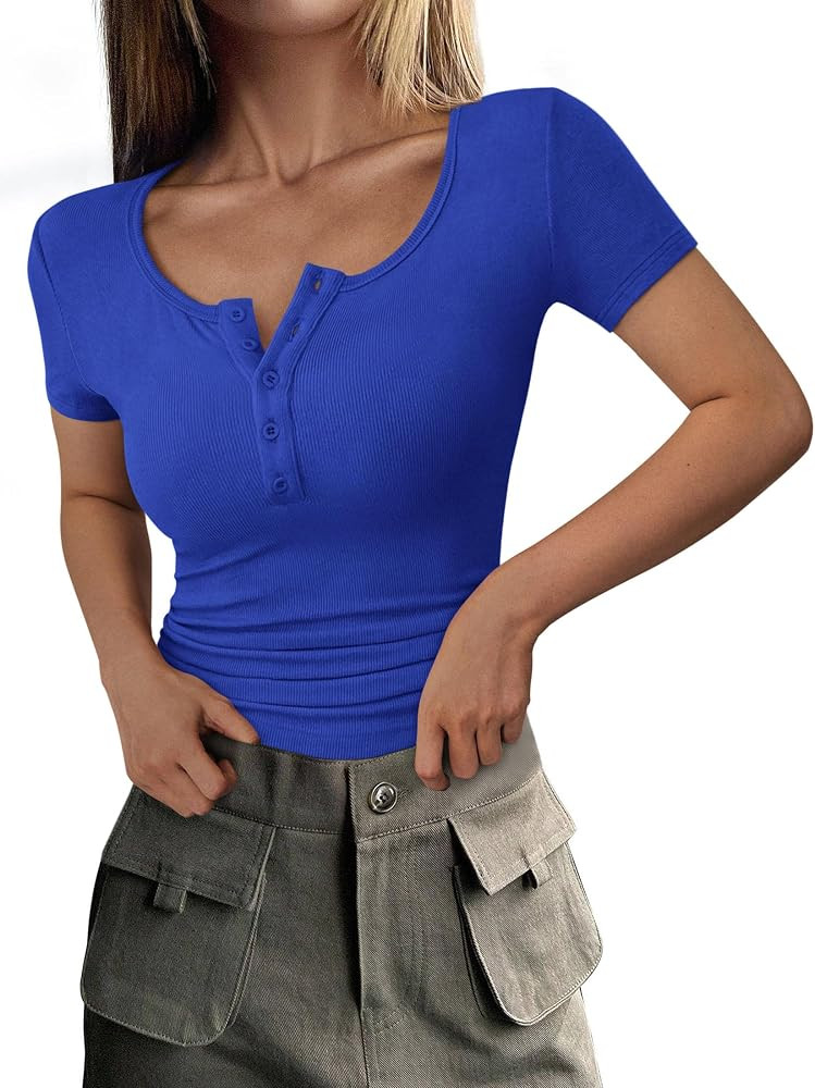PRETTYGARDEN Womens 2026 Summer Short Sleeve Tops Ribbed Henley Button Slim Fit Basic Casual T Sh... | Amazon (US)