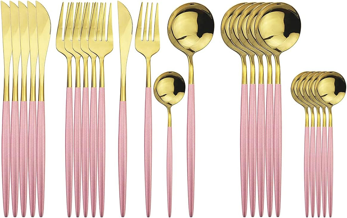 Juego de cubiertos dorados de acero inoxidable de 24 piezas, servicio para 6, mango rosa pulido con espejo, juego de cubiertos de cuchillos, tenedor y cuchara para el hogar y restaurante, | Amazon (US)