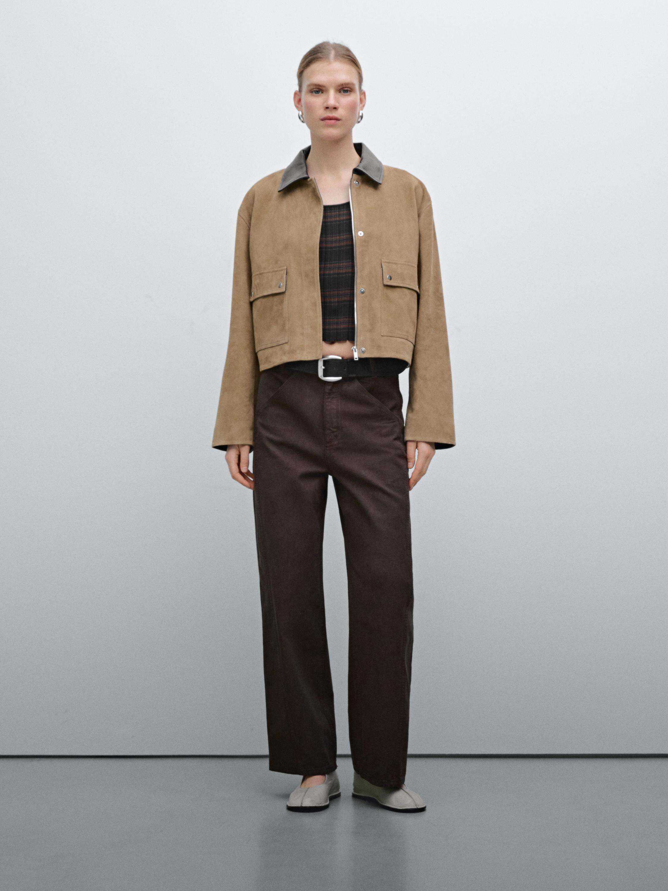 Contrast suede leather jacket | Massimo Dutti UK