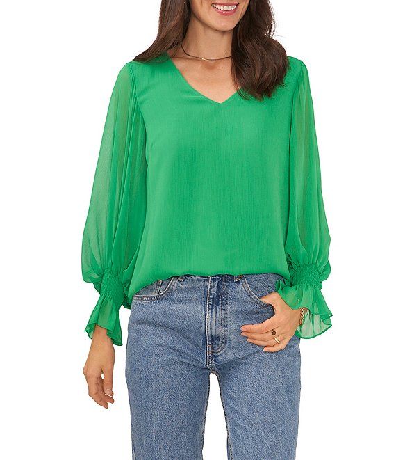 V-Neck Long Smocked Sleeve V-Neck Blouse | Dillard's