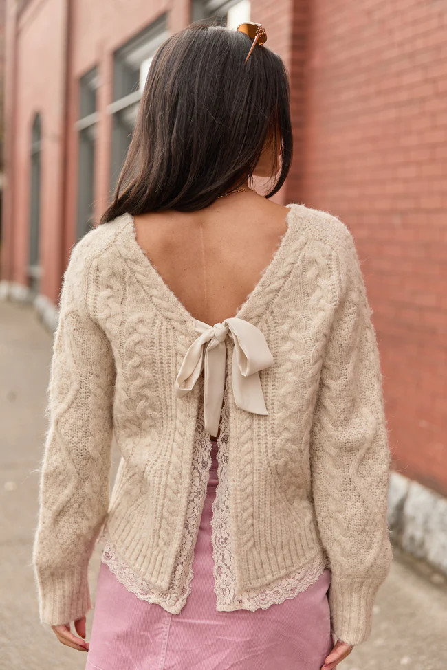 Bennie Ivory Lace Trim Ribbon Cardigan | Pink Lily