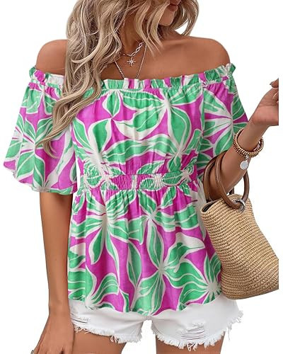 Bebonnie Beach Vacation Clothes for Women: Off The Shoulder Peplum Tops Short Sleeve - Boho Linen Shirts for Womens - Chiffon Formal Blouses for Women Elegant Evening Turquoise Leaf M | Amazon (US)