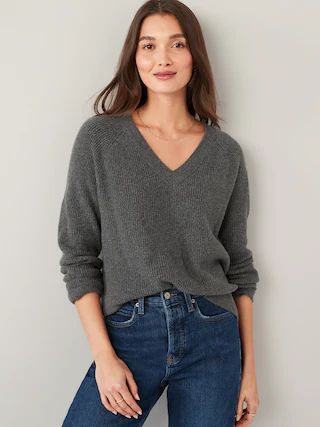 V-Neck Heathered Shaker-Stitch Cocoon Sweater for Women | Old Navy (US)