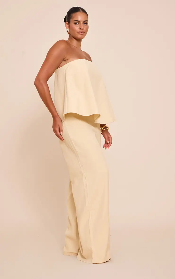Pale Yellow Plus Butter Cream Structured Woven Peplum Straight Leg Jumpsuit | PrettyLittleThing U... | PrettyLittleThing US