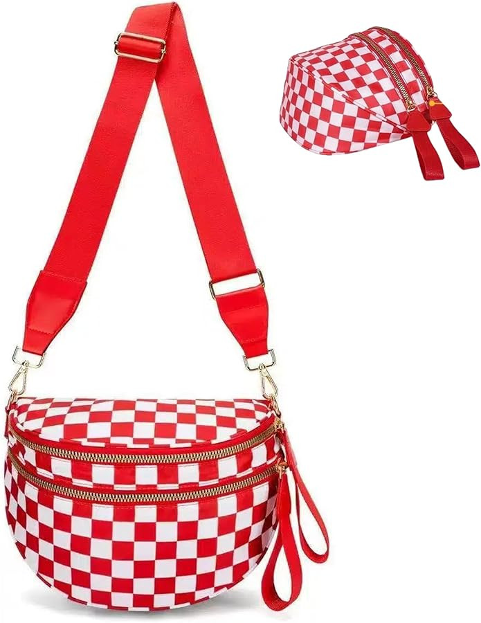 Checkered Crossbody Bum Bags for Women, Nylon Sling Bags with Shoulder Strap, Large Capacity Chec... | Amazon (US)
