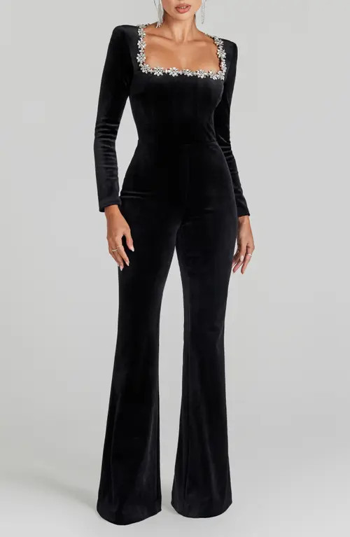 NADINE MERABI Kimberly Rhinestone Trim Velvet Jumpsuit in Black at Nordstrom, Size 2 | Nordstrom