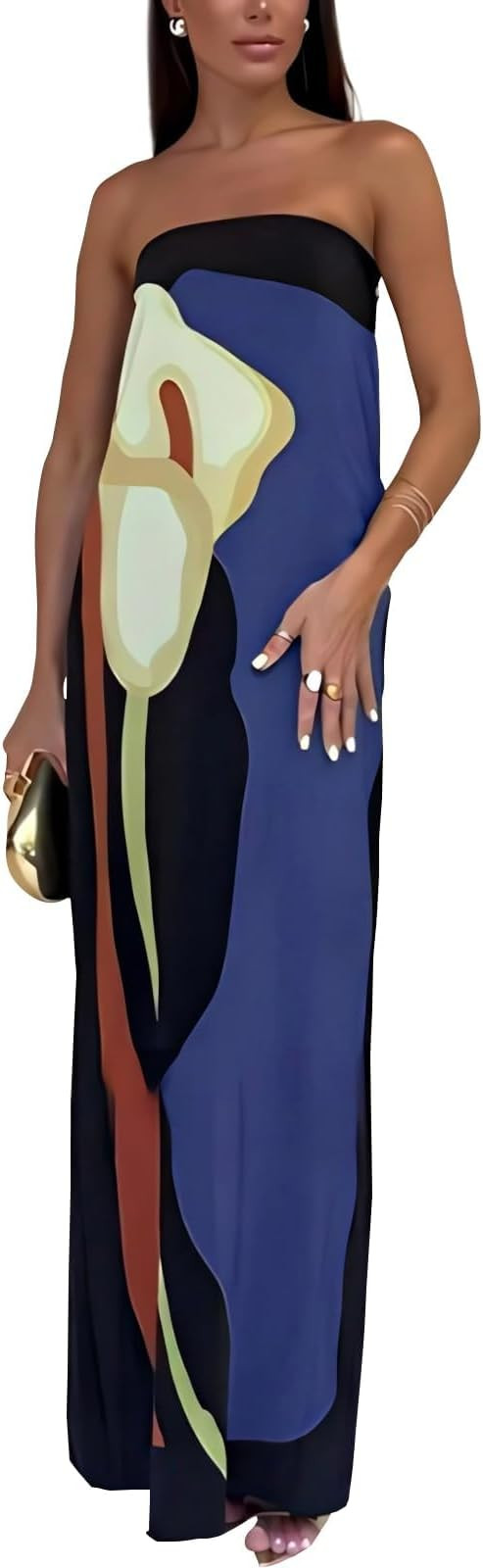 ACOSAP Women Y2k Strapless Maxi Dress Summer Backless Floral Long Tube Dress Off Shoulder Cocktai... | Amazon (US)