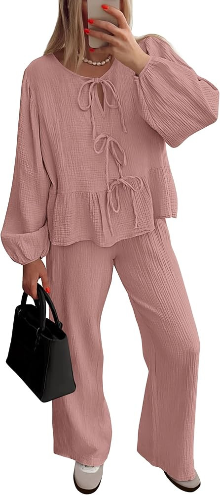 PRETTYGARDEN Womens 2024 Fall Two Piece Outfits Tie Front Long Sleeve Top Wide Leg Pant Lounge Se... | Amazon (US)