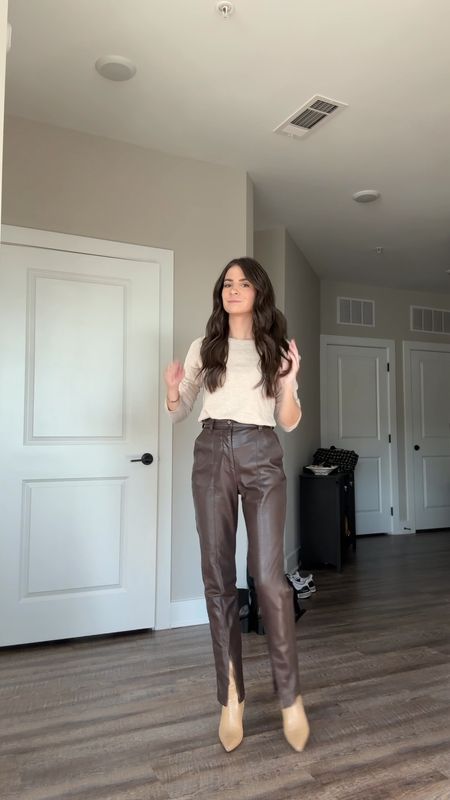 Work outfit of the day, faux leather pants, brown leather, Amazon essentials sweater, tan sweater, fall outfit, winter outfit, tan boots, briefly styled 

#LTKstyletip #LTKworkwear #LTKshoecrush