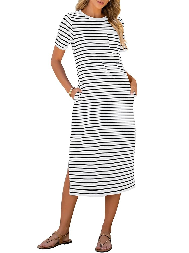 ANRABESS Womens Summer Casual Midi Dress Short Sleeve Crewneck T Shirt Long Dresses Split Stripe ... | Amazon (US)