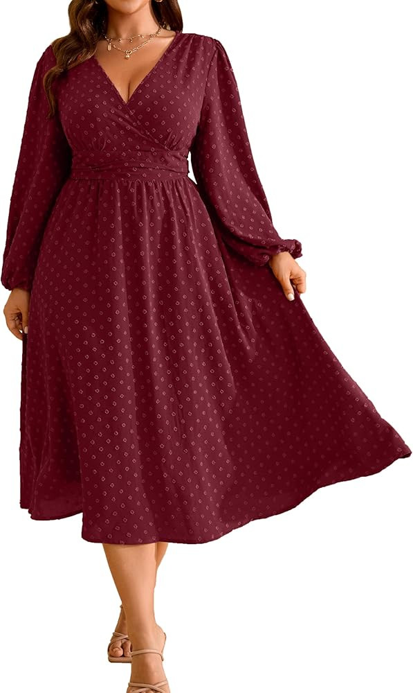 RWJ Women's Plus Size Fall Wedding Guest Dress Wrap V Neck Swiss Dot Lantern Long Sleeve Swing Bo... | Amazon (US)