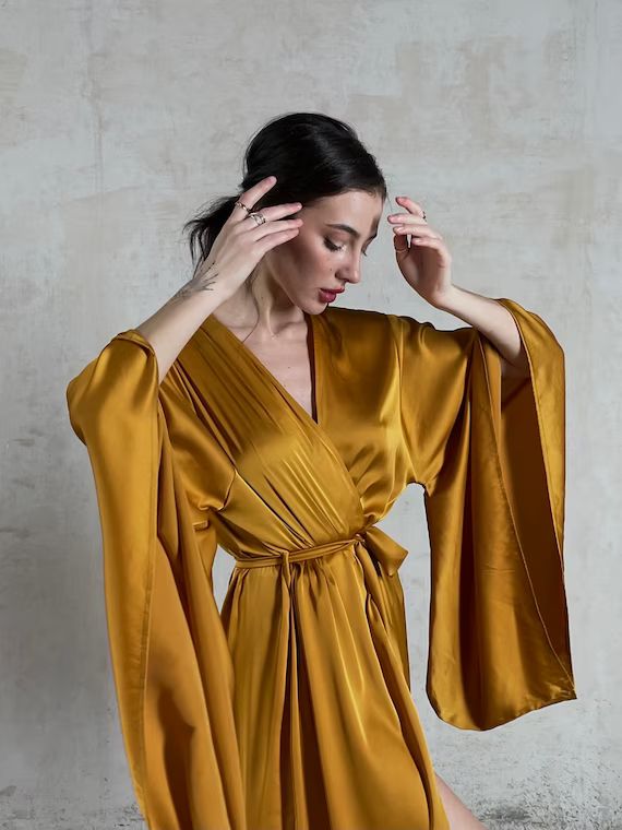Kimono Silk Robe  Silky Kimono Sleeves Long Robe  Wedding | Etsy | Etsy (US)