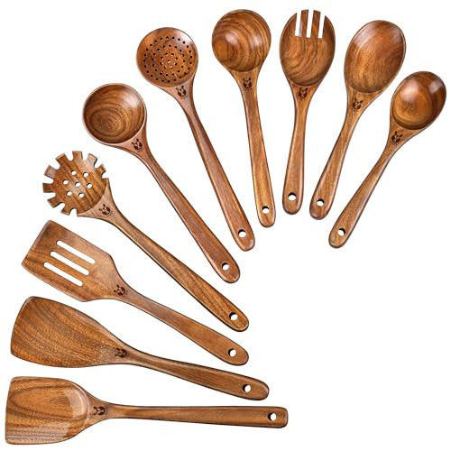 Wooden Spoons for Cooking, 10 Pcs Natural Teak Wood Kitchen Utensils Set, Comfortable Grip Wooden Utensil Set for Nonstick Pans & Cookware, Heat Resistant Wooden Spoons Wooden Spatulas Set | Amazon (US)