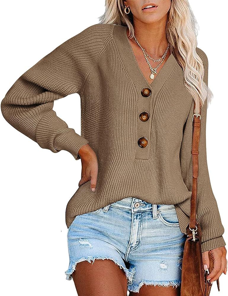 BTFBM Women Long Sleeve V Neck Button Down Sweater Solid Color Ribbed Knit Sweater Casual Relaxed... | Amazon (US)